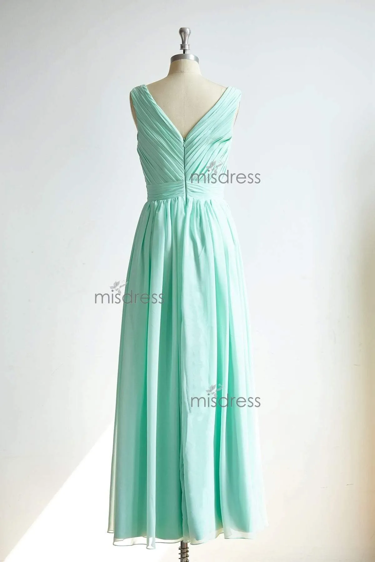 V Neckline Mint Chiffon Floor Length Wedding Bridesmaid Dress