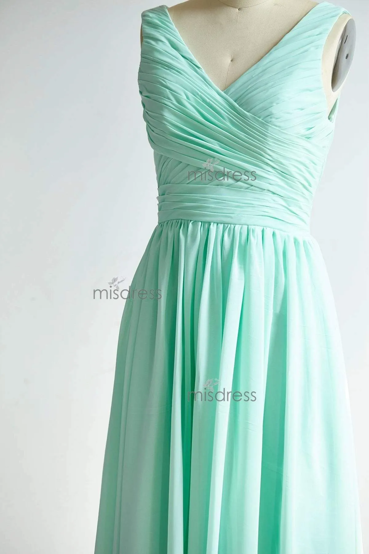 V Neckline Mint Chiffon Floor Length Wedding Bridesmaid Dress