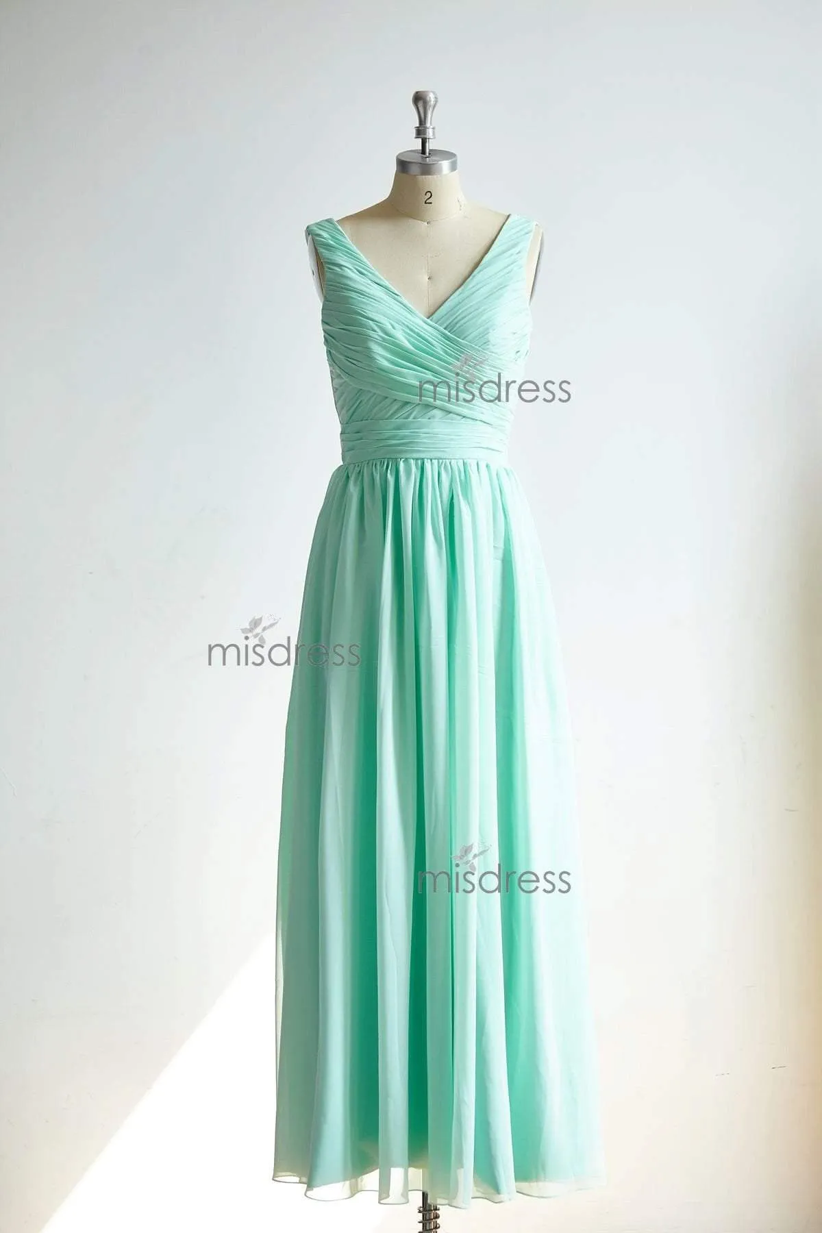 V Neckline Mint Chiffon Floor Length Wedding Bridesmaid Dress