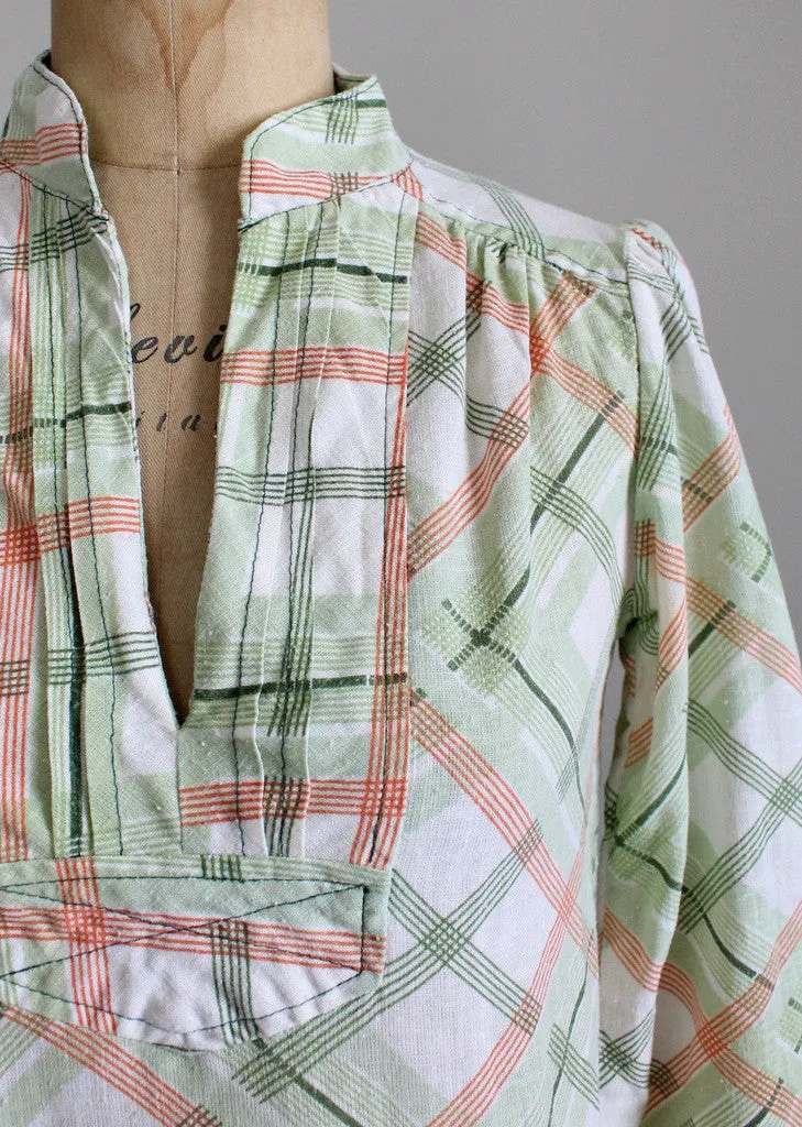 Vintage 1970s Plaid Cotton Tunic Shirt