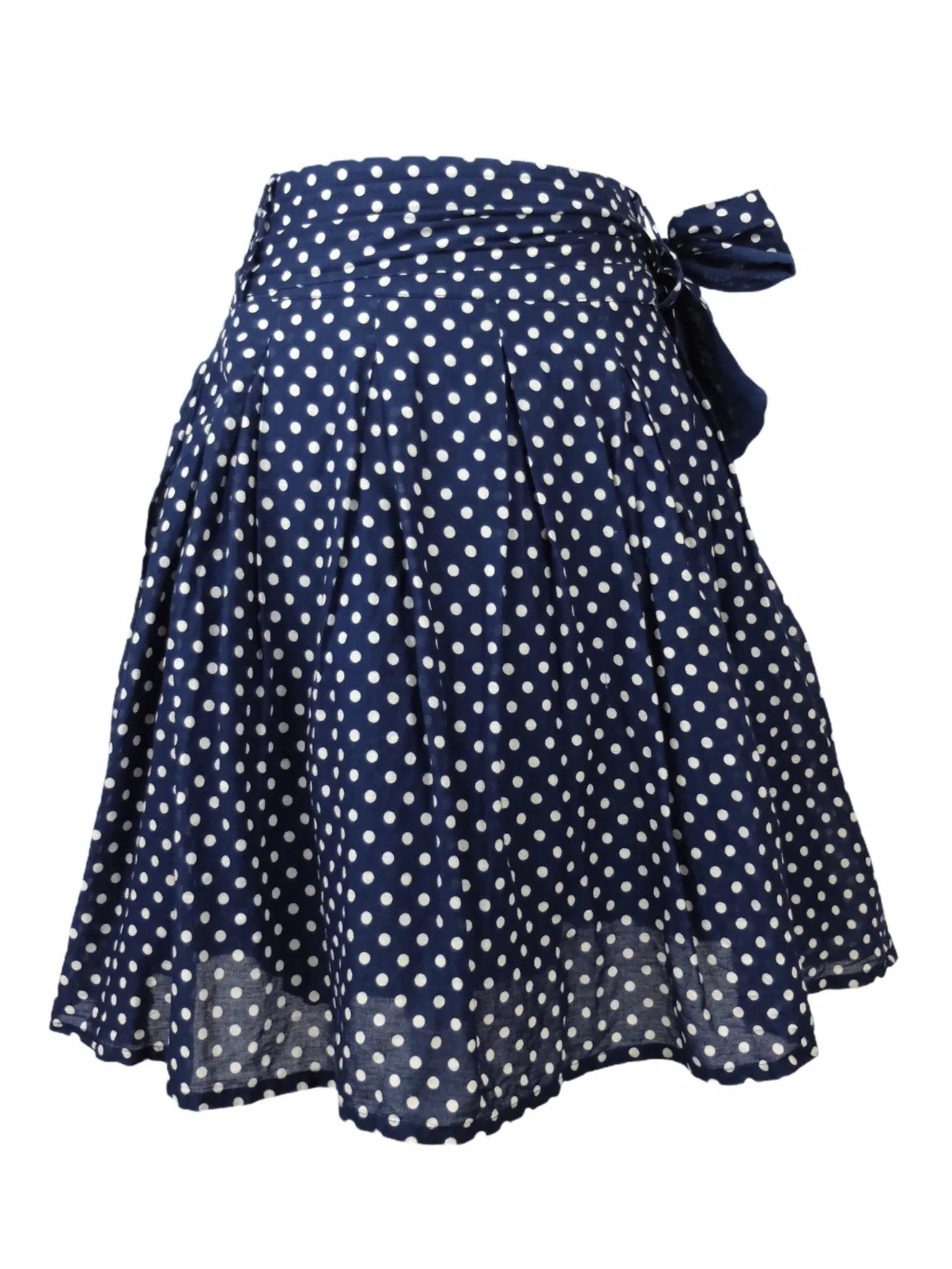 Vintage 80s does 50s Mod High Waisted Navy Blue and White Polka Dot Belted Bow Tie Full Circle Mini Skirt with Side Zip