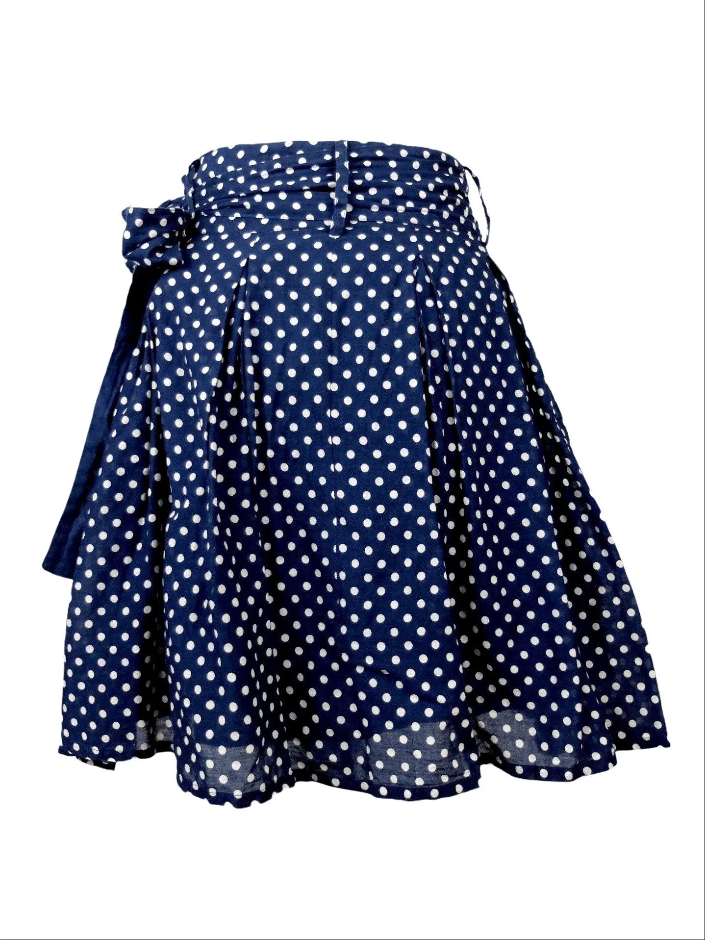 Vintage 80s does 50s Mod High Waisted Navy Blue and White Polka Dot Belted Bow Tie Full Circle Mini Skirt with Side Zip