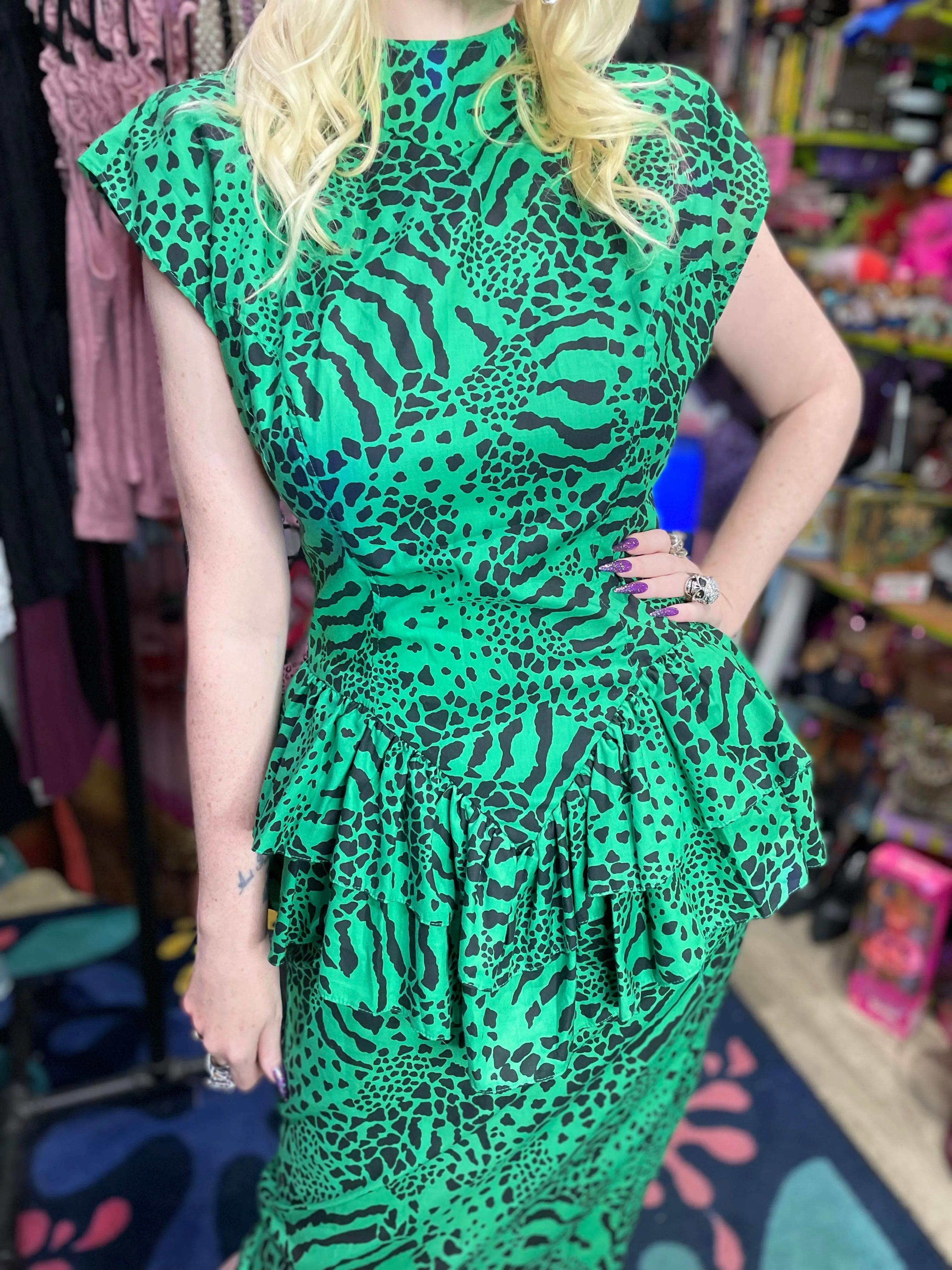 Vintage 80’s Green Animal Print Peplum Midi Dress