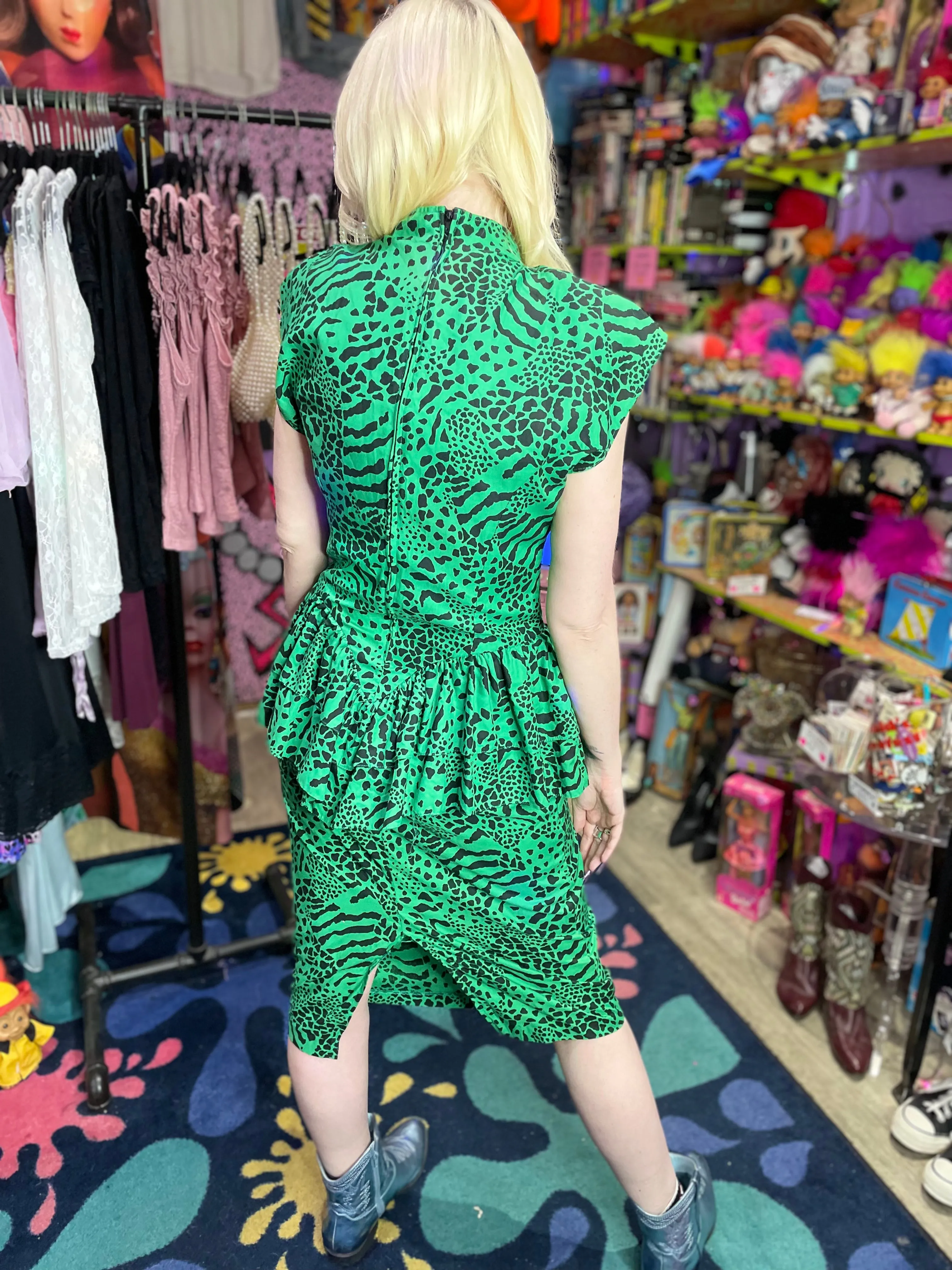 Vintage 80’s Green Animal Print Peplum Midi Dress