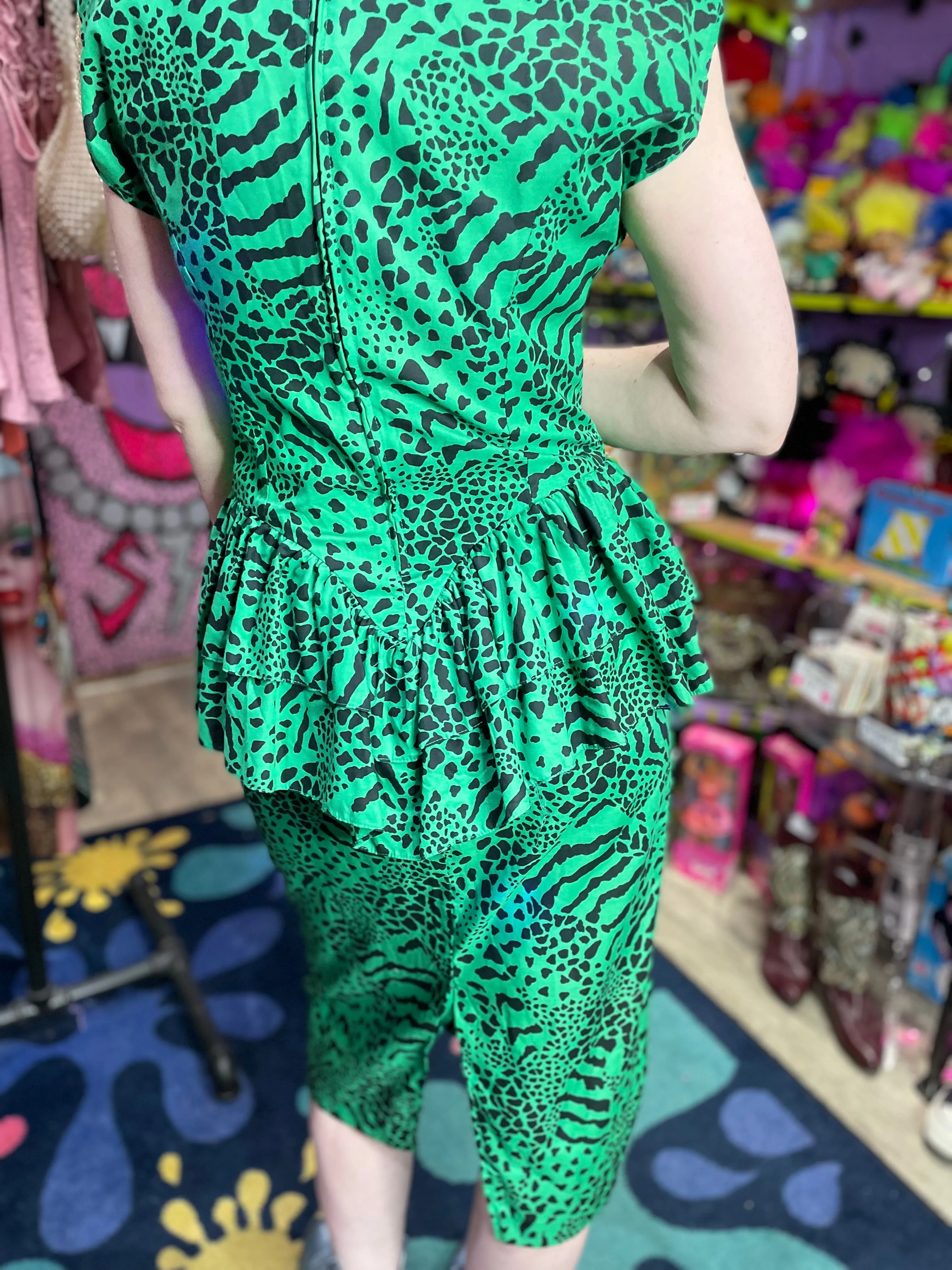 Vintage 80’s Green Animal Print Peplum Midi Dress