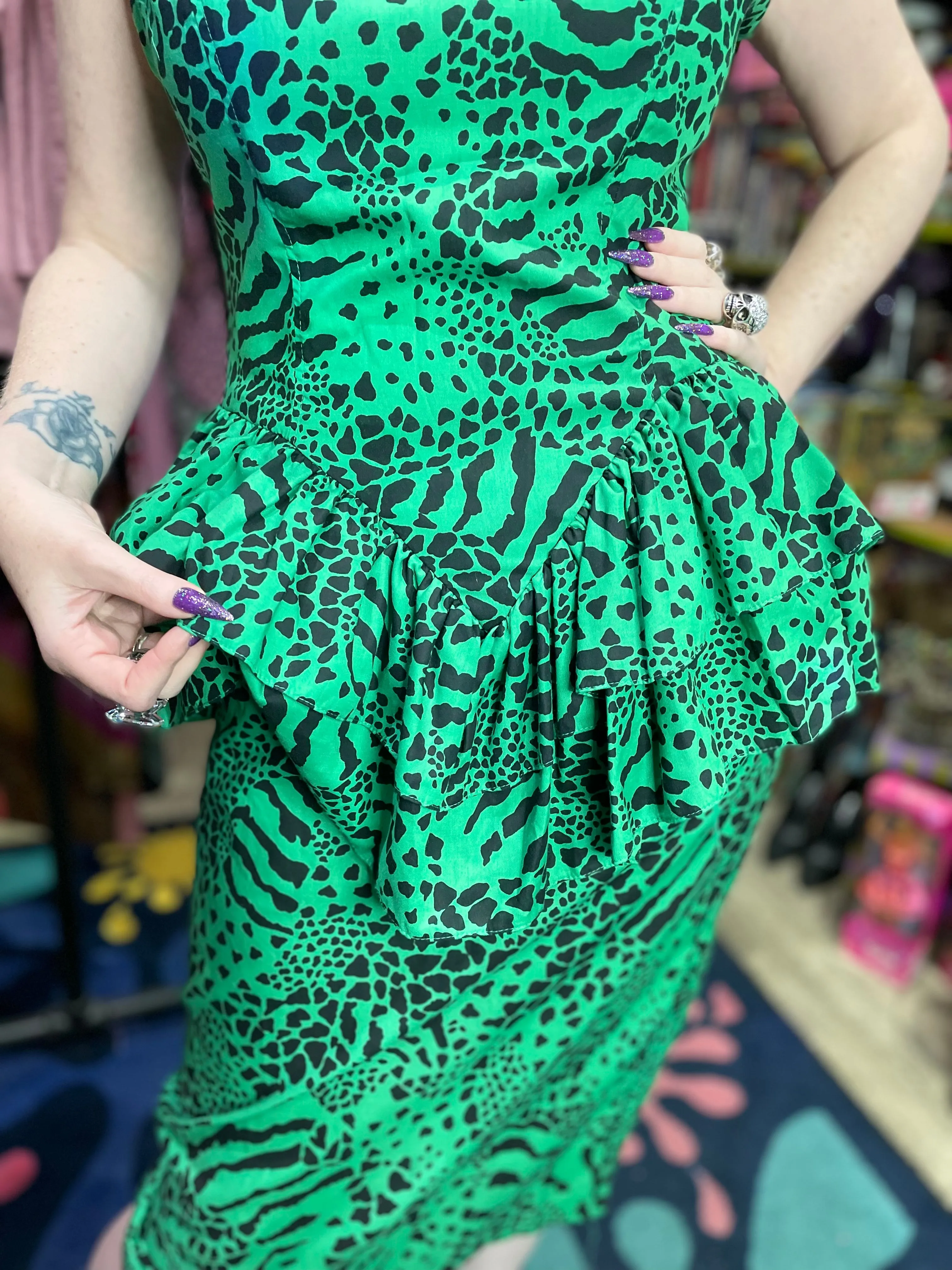 Vintage 80’s Green Animal Print Peplum Midi Dress