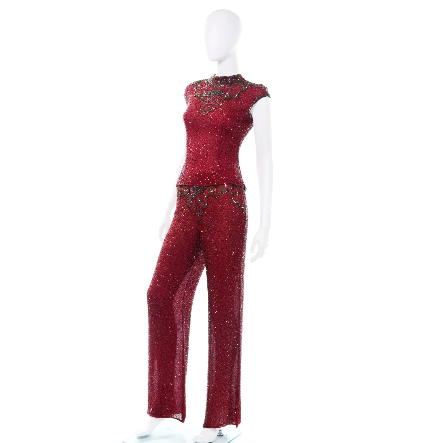 Vintage Burgundy Red Silk Heavily Beaded Evening Outfit