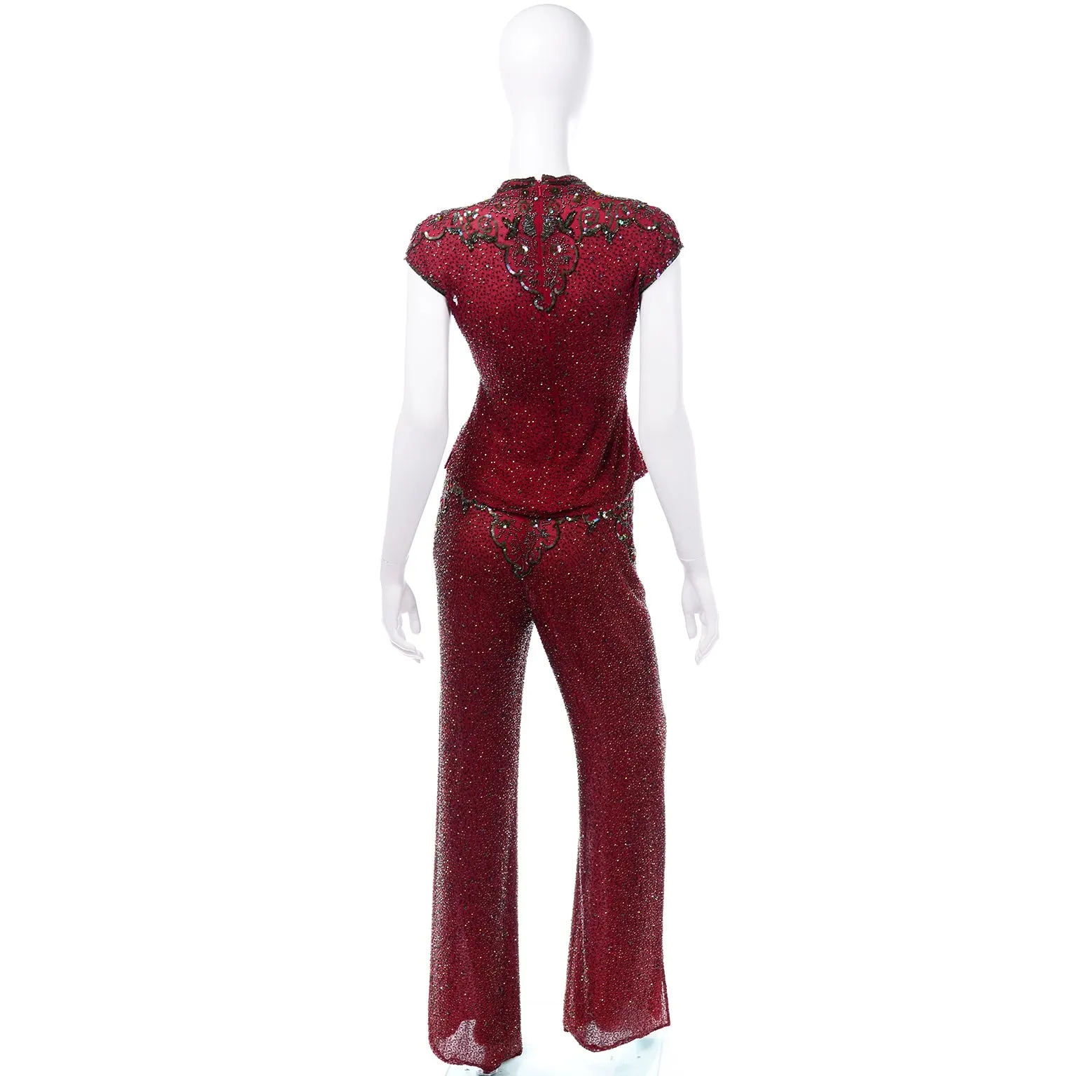 Vintage Burgundy Red Silk Heavily Beaded Evening Outfit