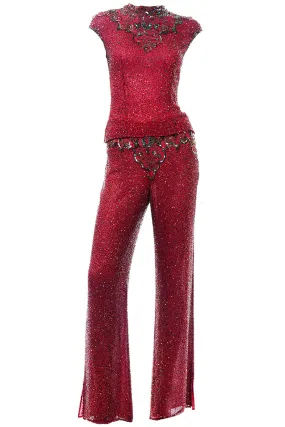 Vintage Burgundy Red Silk Heavily Beaded Evening Outfit