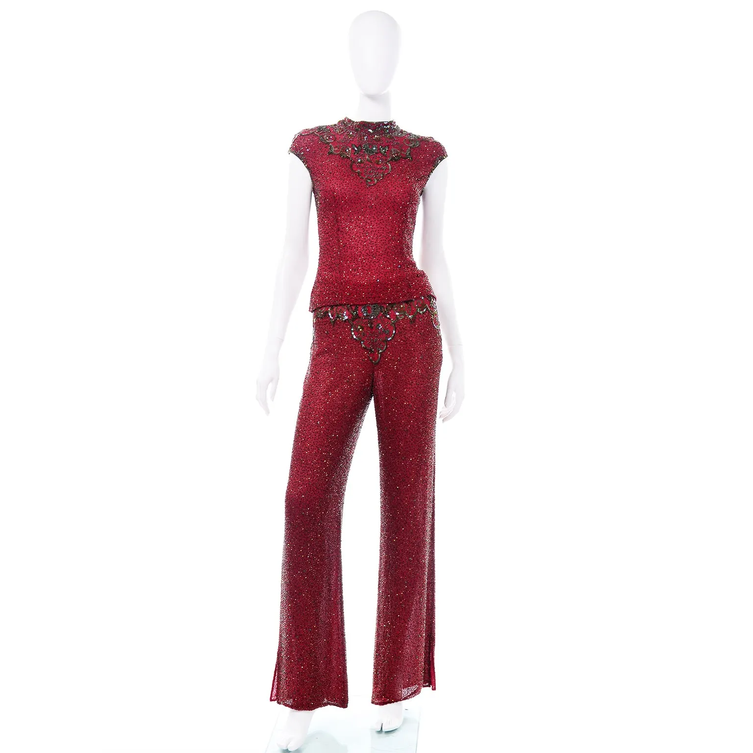 Vintage Burgundy Red Silk Heavily Beaded Evening Outfit