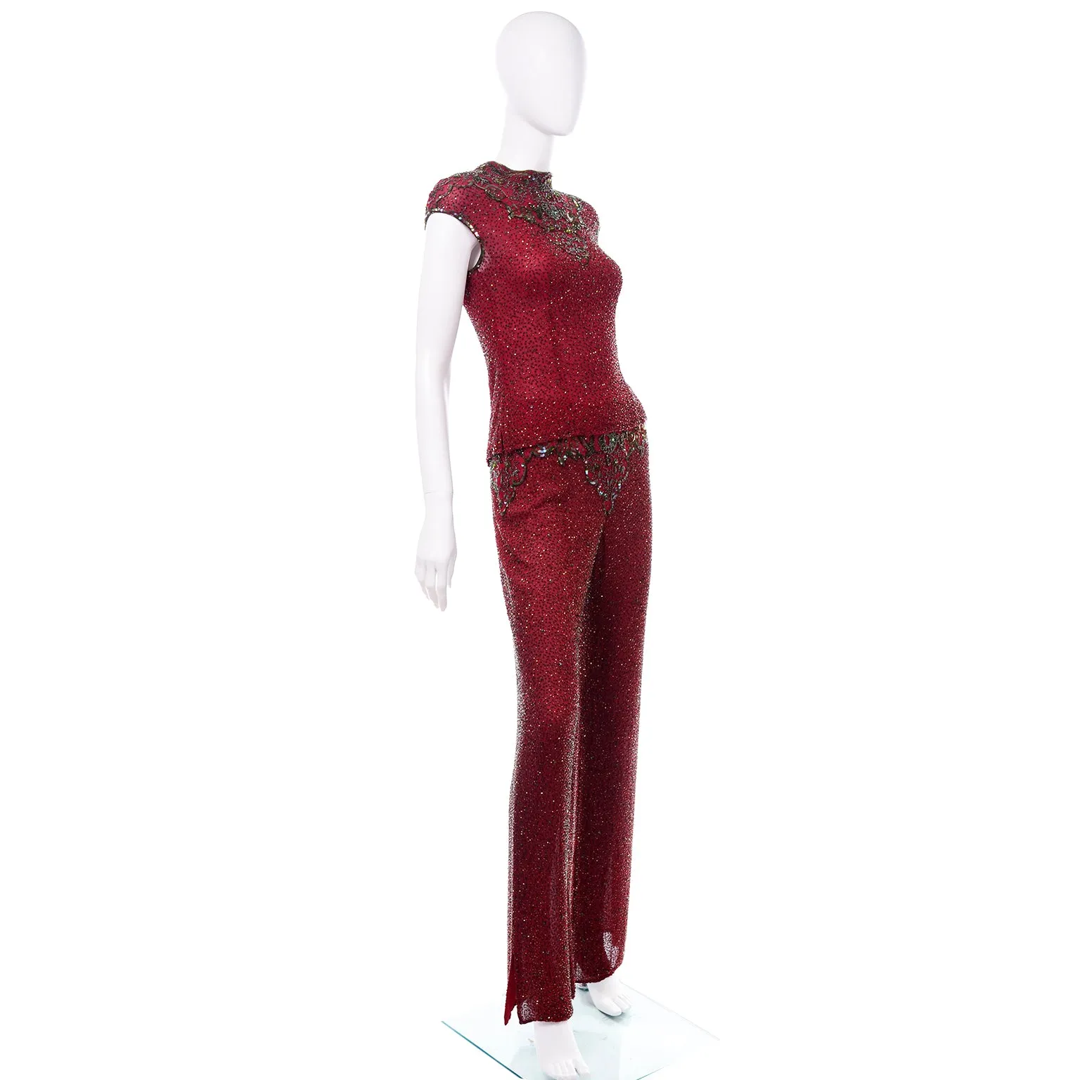 Vintage Burgundy Red Silk Heavily Beaded Evening Outfit