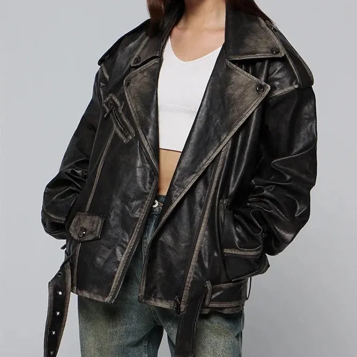 Vintage Distressed Loose Biker Jacket