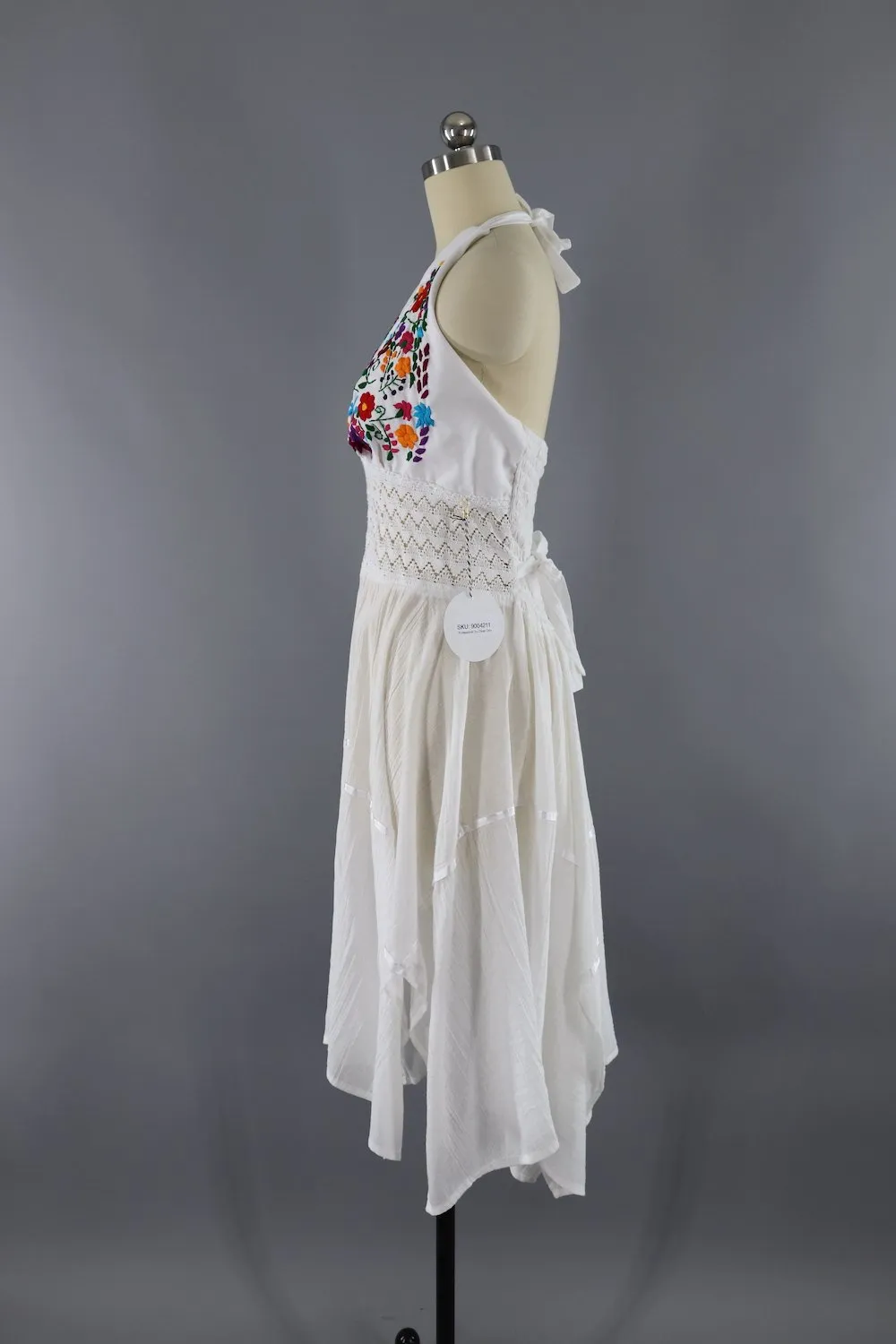 Vintage White Cotton Gauze Embroidered Mexican Halter Dress