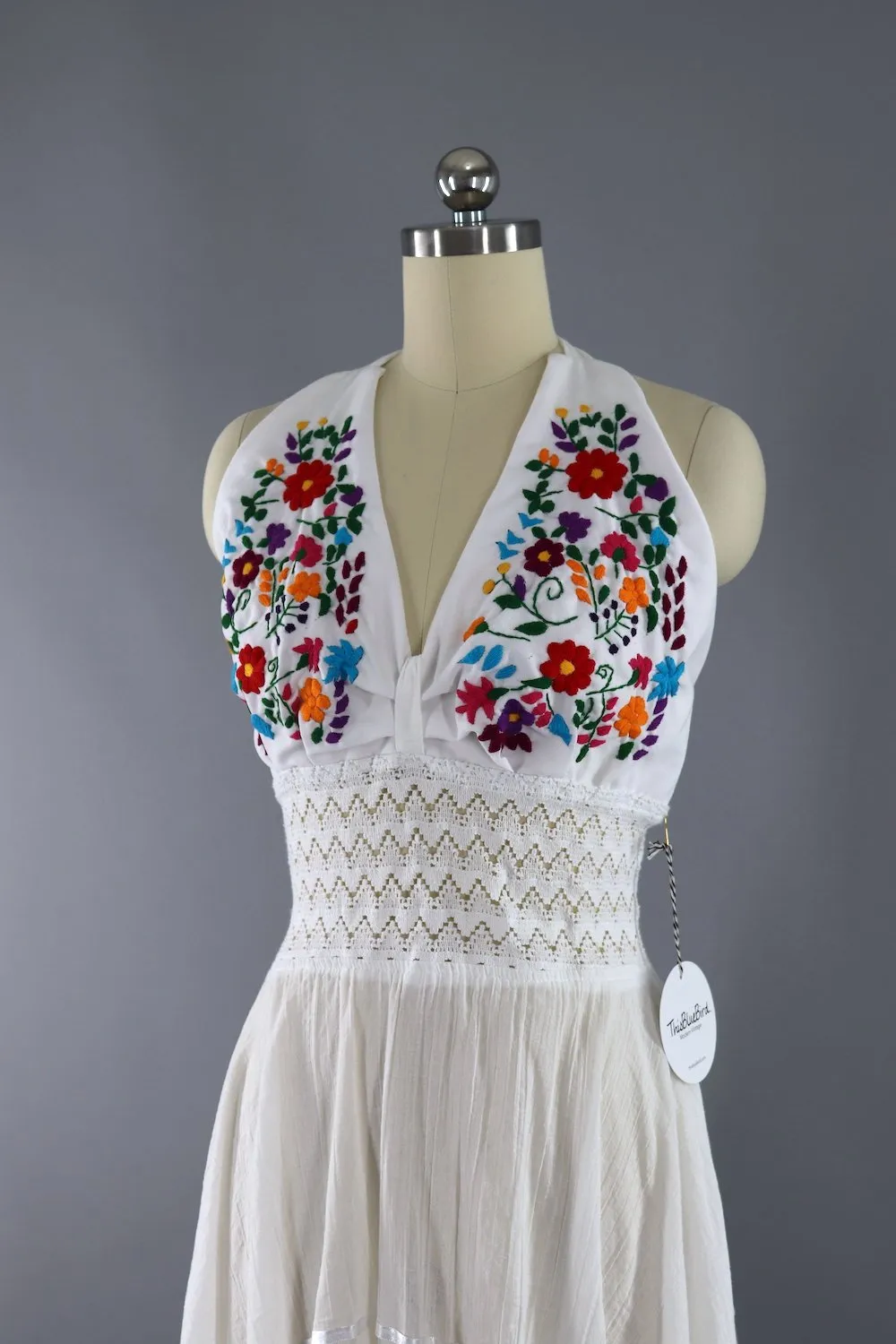 Vintage White Cotton Gauze Embroidered Mexican Halter Dress