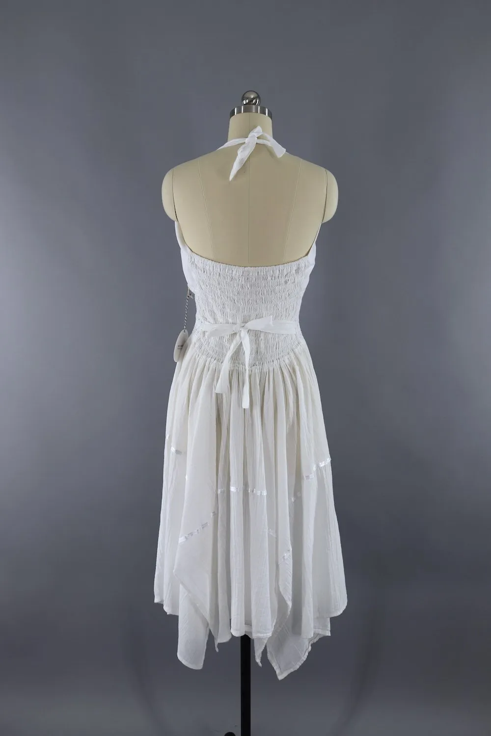 Vintage White Cotton Gauze Embroidered Mexican Halter Dress