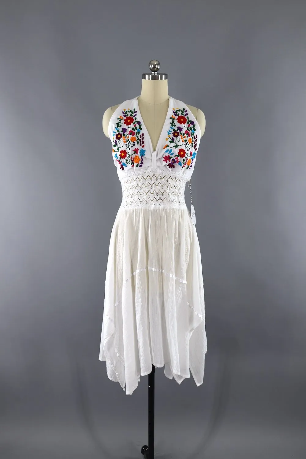 Vintage White Cotton Gauze Embroidered Mexican Halter Dress