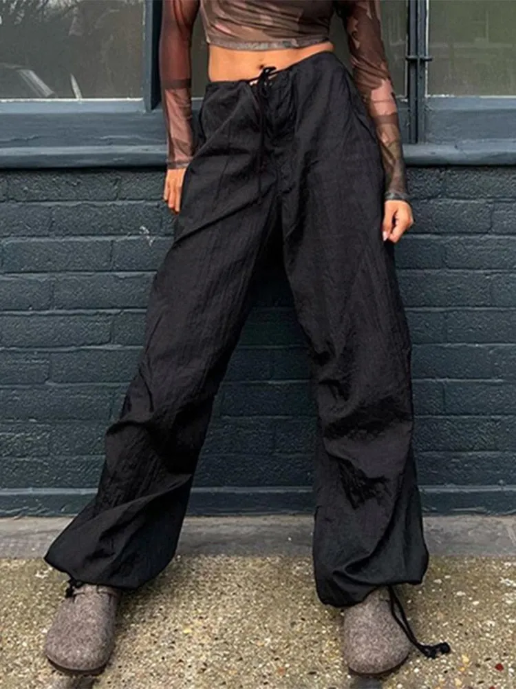 Wenkouban 2022 Drawstring Baggy Y2K Cargo Pants Women Low Waist Sweatpant Trousers Vintage Street Pockets Wide Leg Joggers Pant