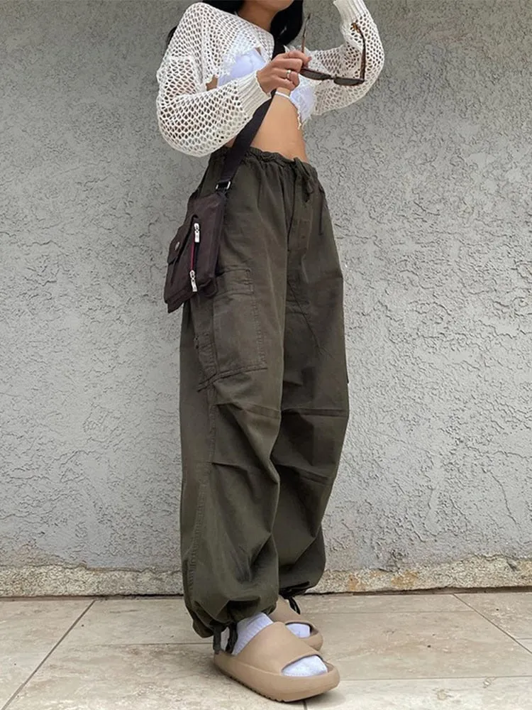 Wenkouban 2022 Drawstring Baggy Y2K Cargo Pants Women Low Waist Sweatpant Trousers Vintage Street Pockets Wide Leg Joggers Pant