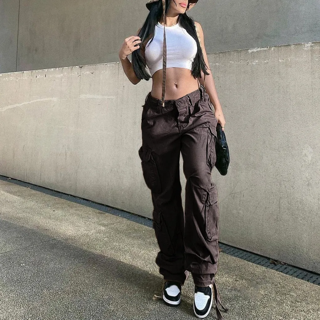 Wenkouban 2022 Drawstring Baggy Y2K Cargo Pants Women Low Waist Sweatpant Trousers Vintage Street Pockets Wide Leg Joggers Pant