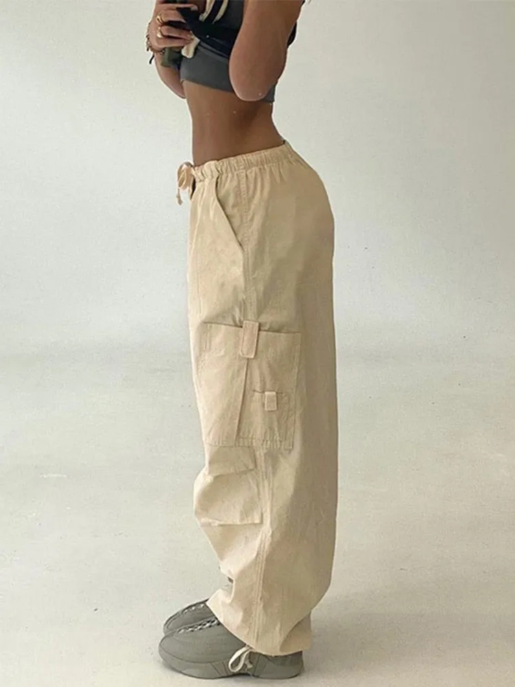 Wenkouban 2022 Drawstring Baggy Y2K Cargo Pants Women Low Waist Sweatpant Trousers Vintage Street Pockets Wide Leg Joggers Pant