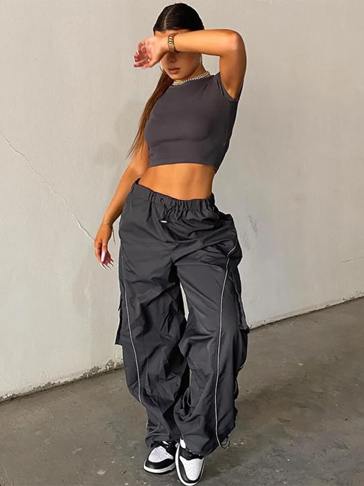 Wenkouban 2022 Drawstring Baggy Y2K Cargo Pants Women Low Waist Sweatpant Trousers Vintage Street Pockets Wide Leg Joggers Pant