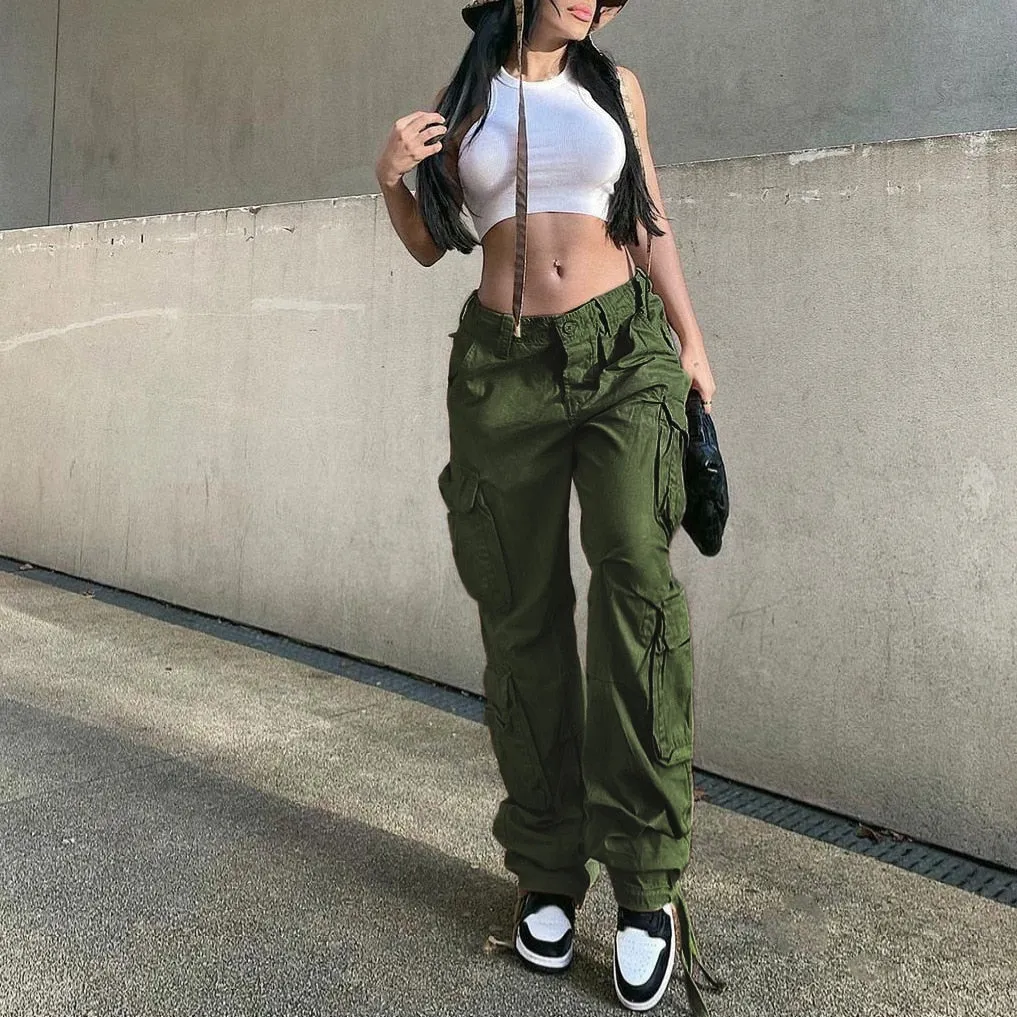 Wenkouban 2022 Drawstring Baggy Y2K Cargo Pants Women Low Waist Sweatpant Trousers Vintage Street Pockets Wide Leg Joggers Pant