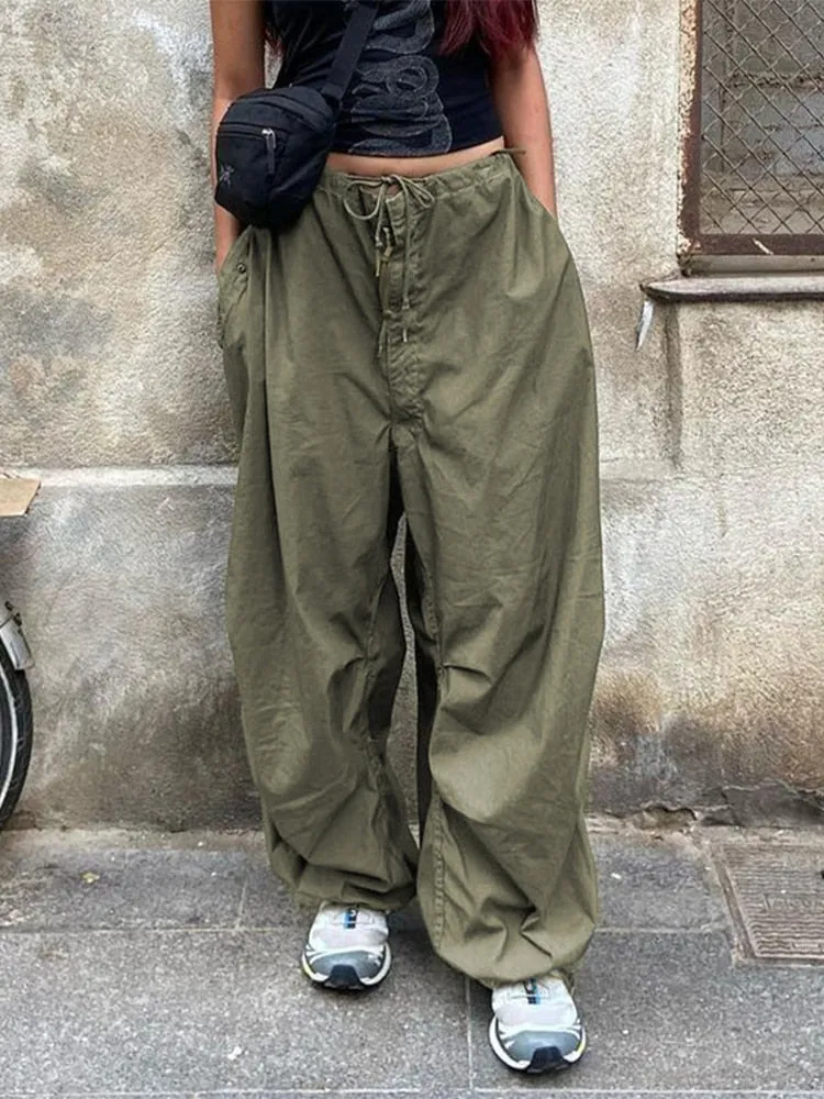 Wenkouban 2022 Drawstring Baggy Y2K Cargo Pants Women Low Waist Sweatpant Trousers Vintage Street Pockets Wide Leg Joggers Pant