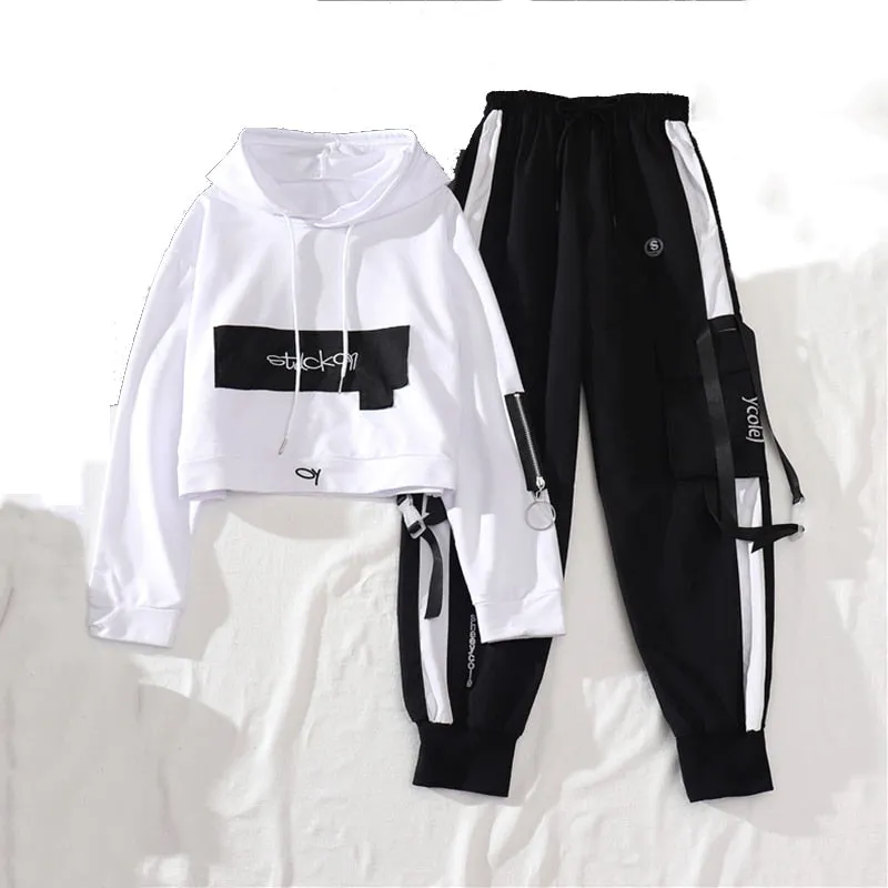 Wenkouban Spring Autumn Female Streetwear Cargo Pants Loose High Waist Joggers Women 2 Piece Long Sleeve Top With Casual Trousers