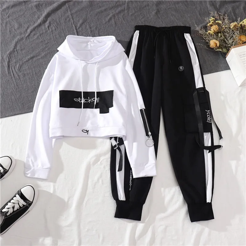 Wenkouban Spring Autumn Female Streetwear Cargo Pants Loose High Waist Joggers Women 2 Piece Long Sleeve Top With Casual Trousers