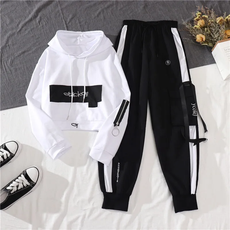 Wenkouban Spring Autumn Female Streetwear Cargo Pants Loose High Waist Joggers Women 2 Piece Long Sleeve Top With Casual Trousers