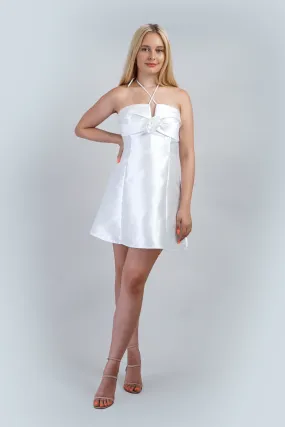 White Satin Halter Rosette Mini Dress