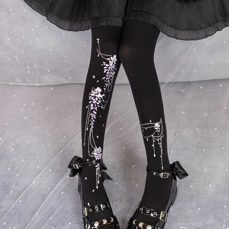 Wisteria ~ Sweet Floral Printed Lolita Tights by Yidhra