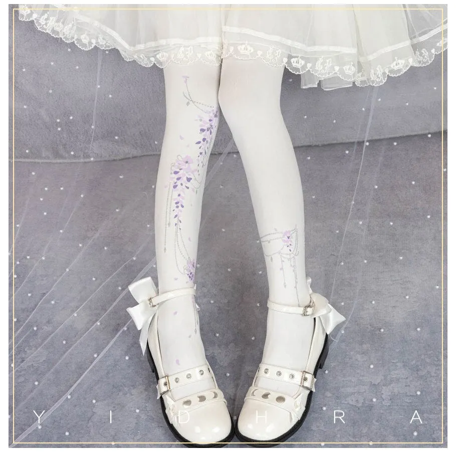 Wisteria ~ Sweet Floral Printed Lolita Tights by Yidhra