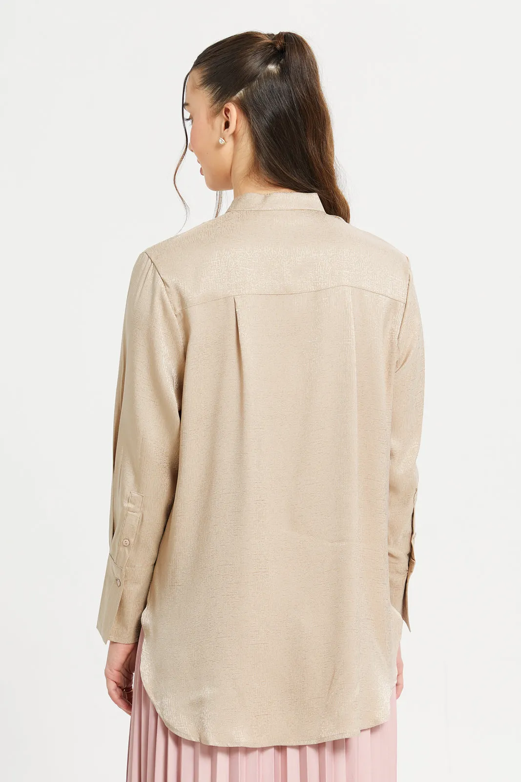 Women Beige Mandarin Collar Satin Jacquard Tunic