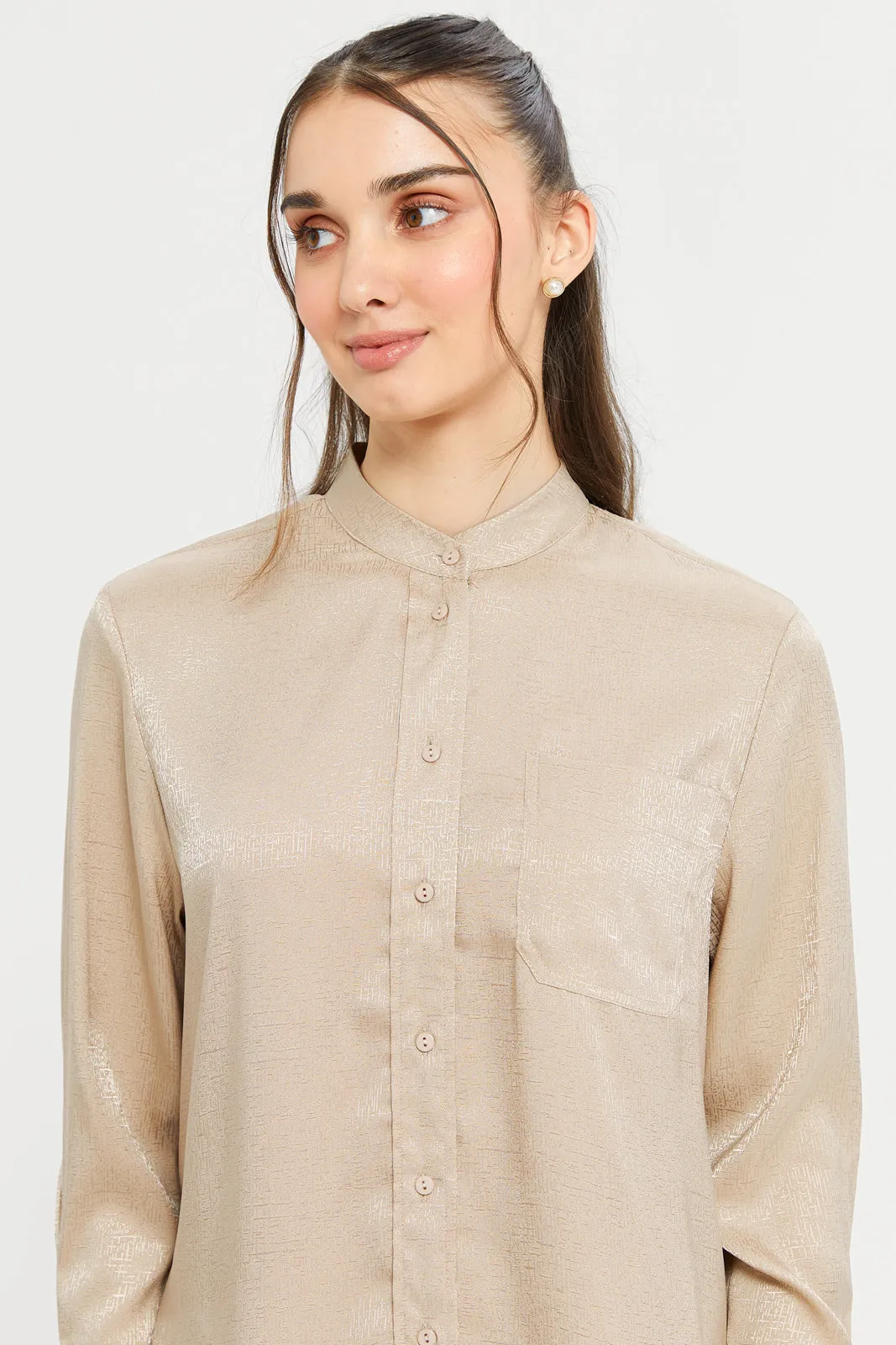 Women Beige Mandarin Collar Satin Jacquard Tunic