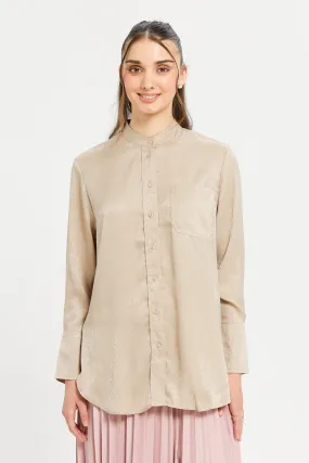 Women Beige Mandarin Collar Satin Jacquard Tunic