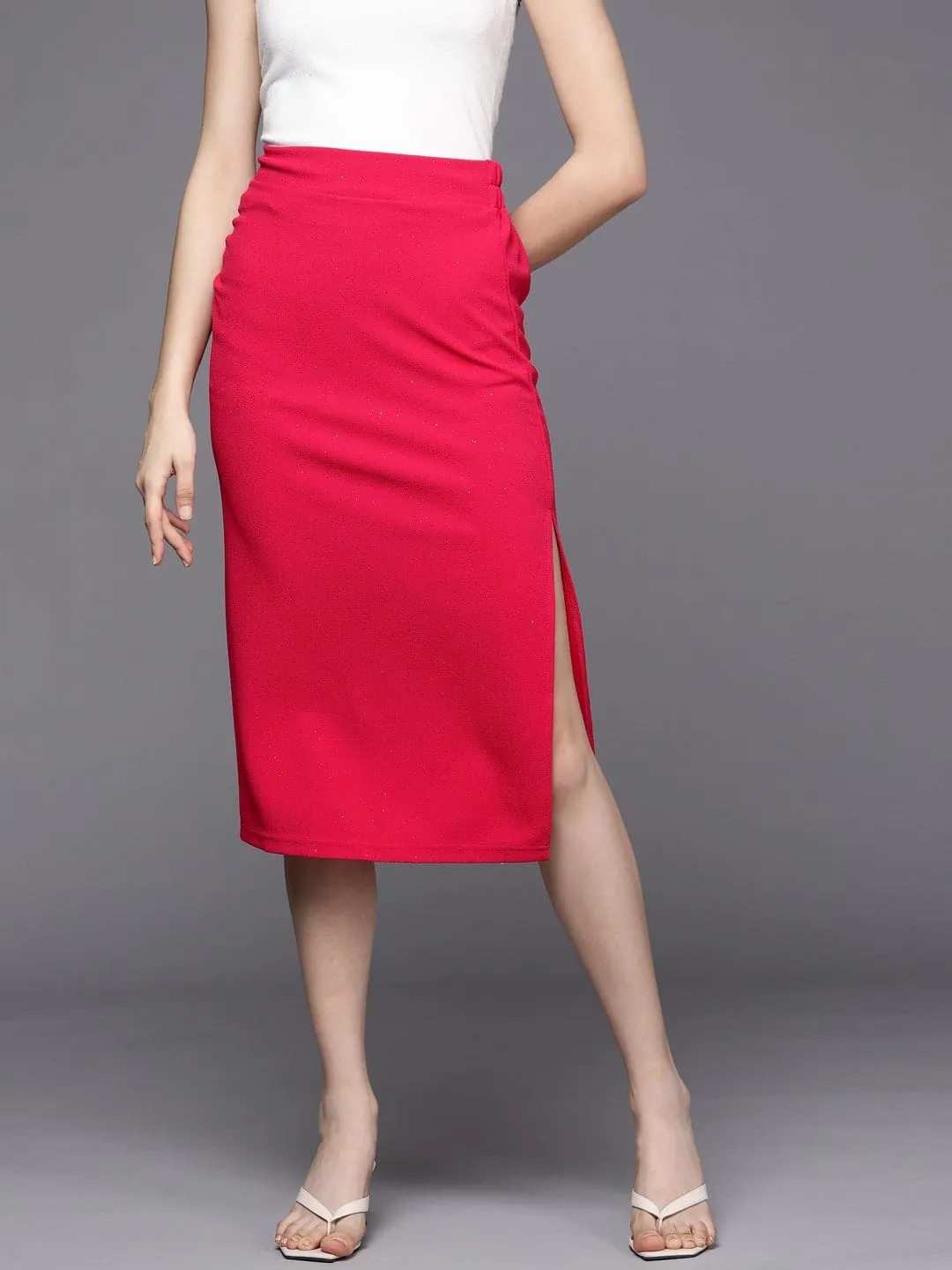 Women Fuchsia Shimmer Side Ruched Skirt