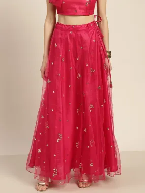 Women Fuchsia Tulle Sequins Anarkali Skirt