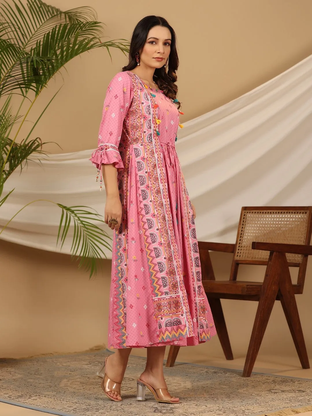 Women Pink Rayon Printed Dress