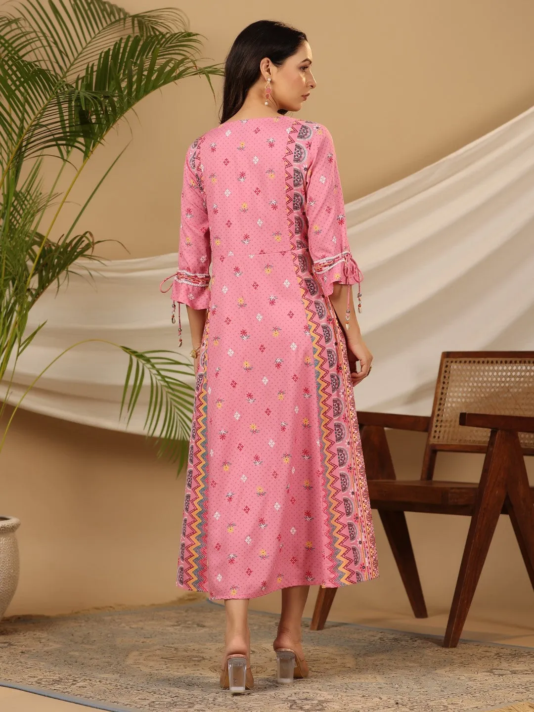 Women Pink Rayon Printed Dress