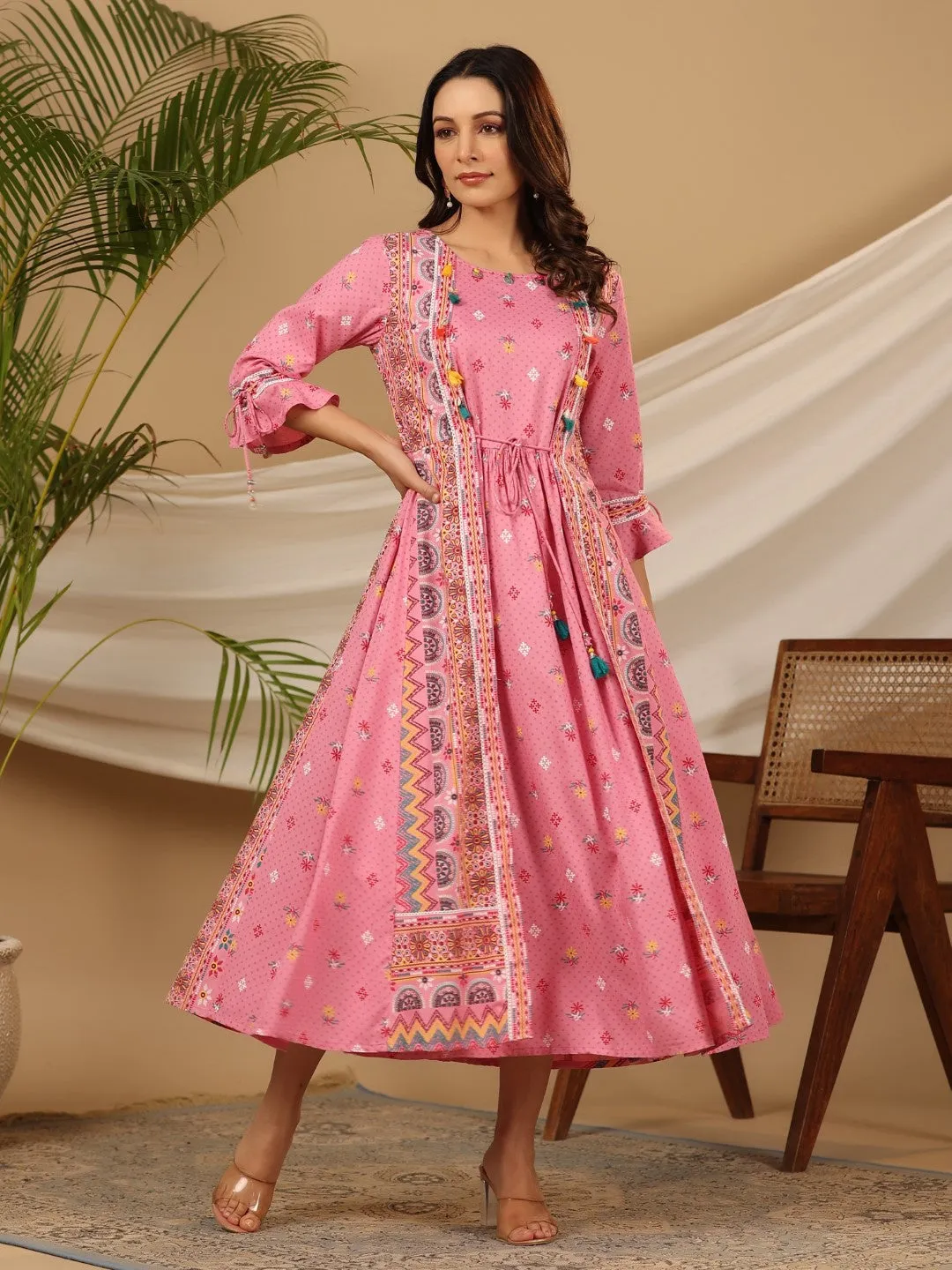 Women Pink Rayon Printed Dress