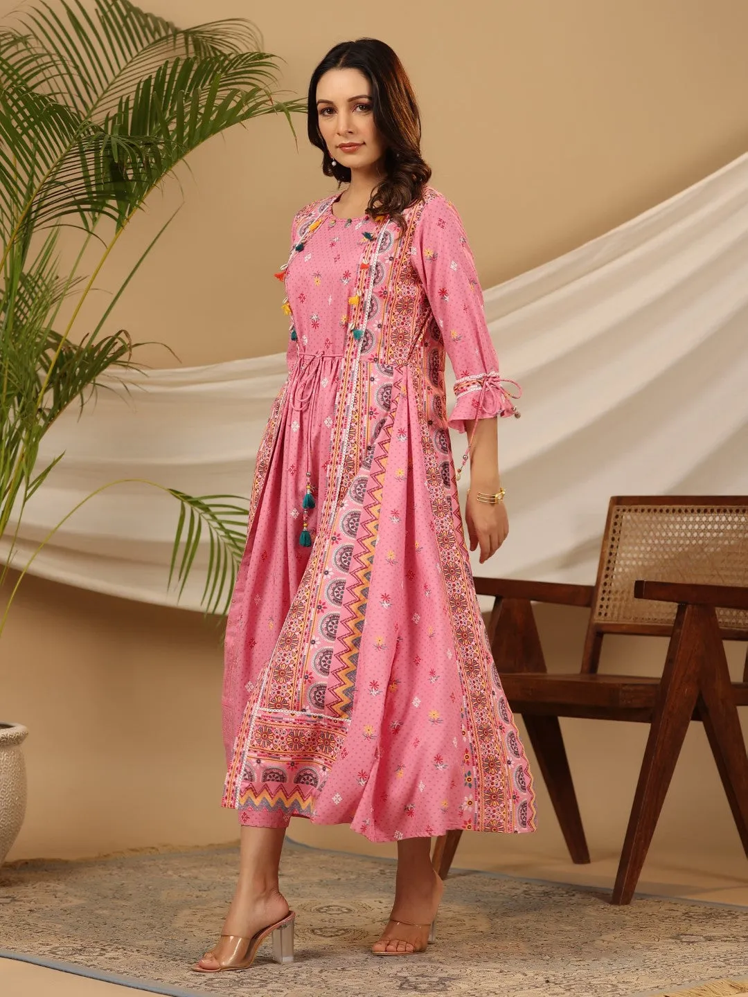 Women Pink Rayon Printed Dress