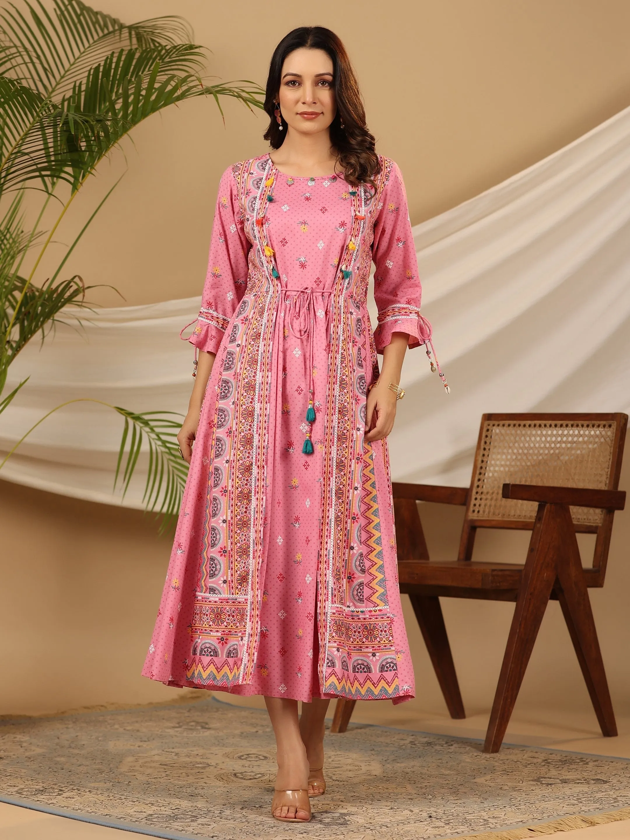 Women Pink Rayon Printed Dress