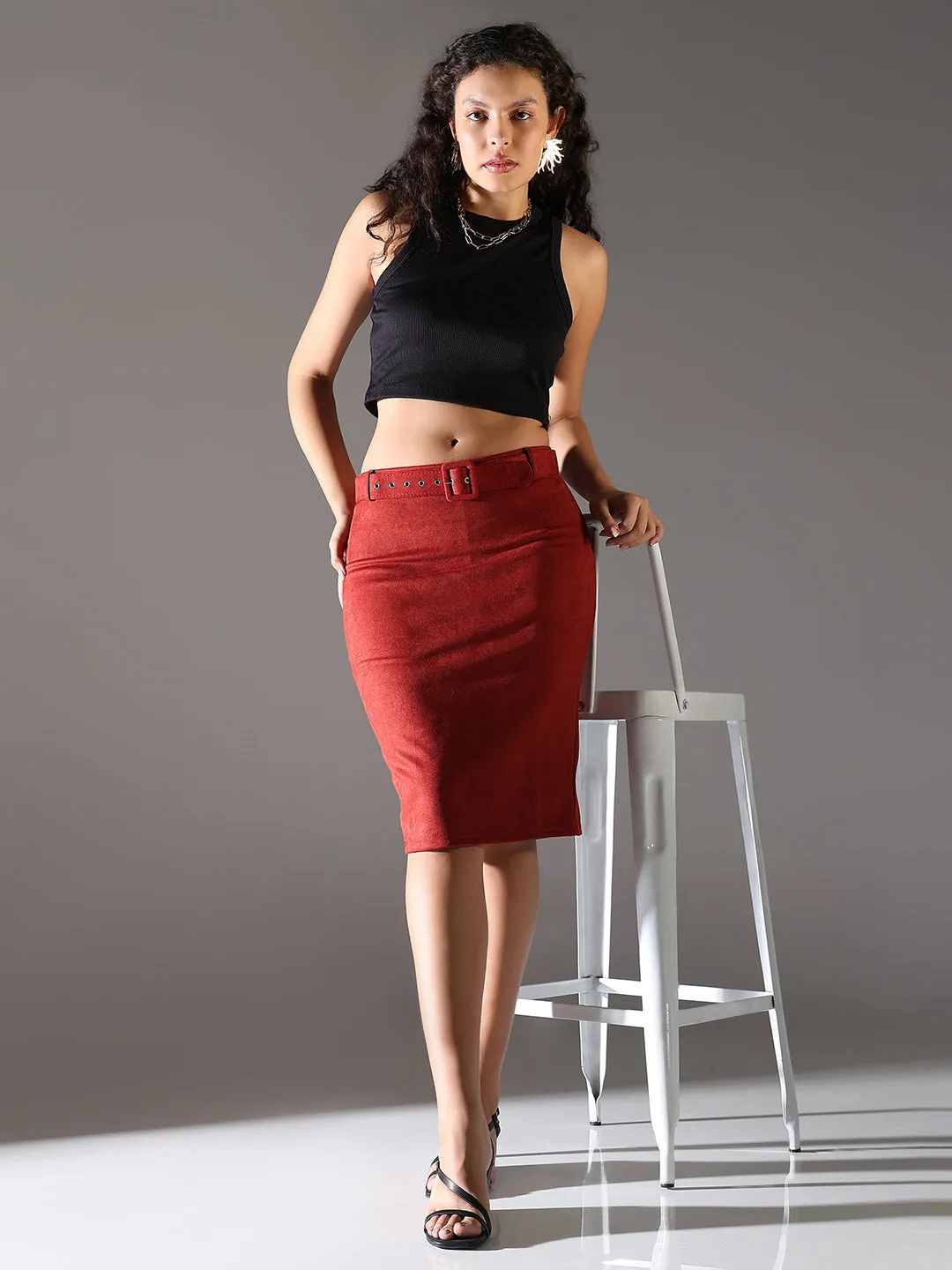 Women Rust Solid Pencil Skirt with Belt