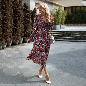 Women's Casual Elastic Waist V-neck Floral Print Dress