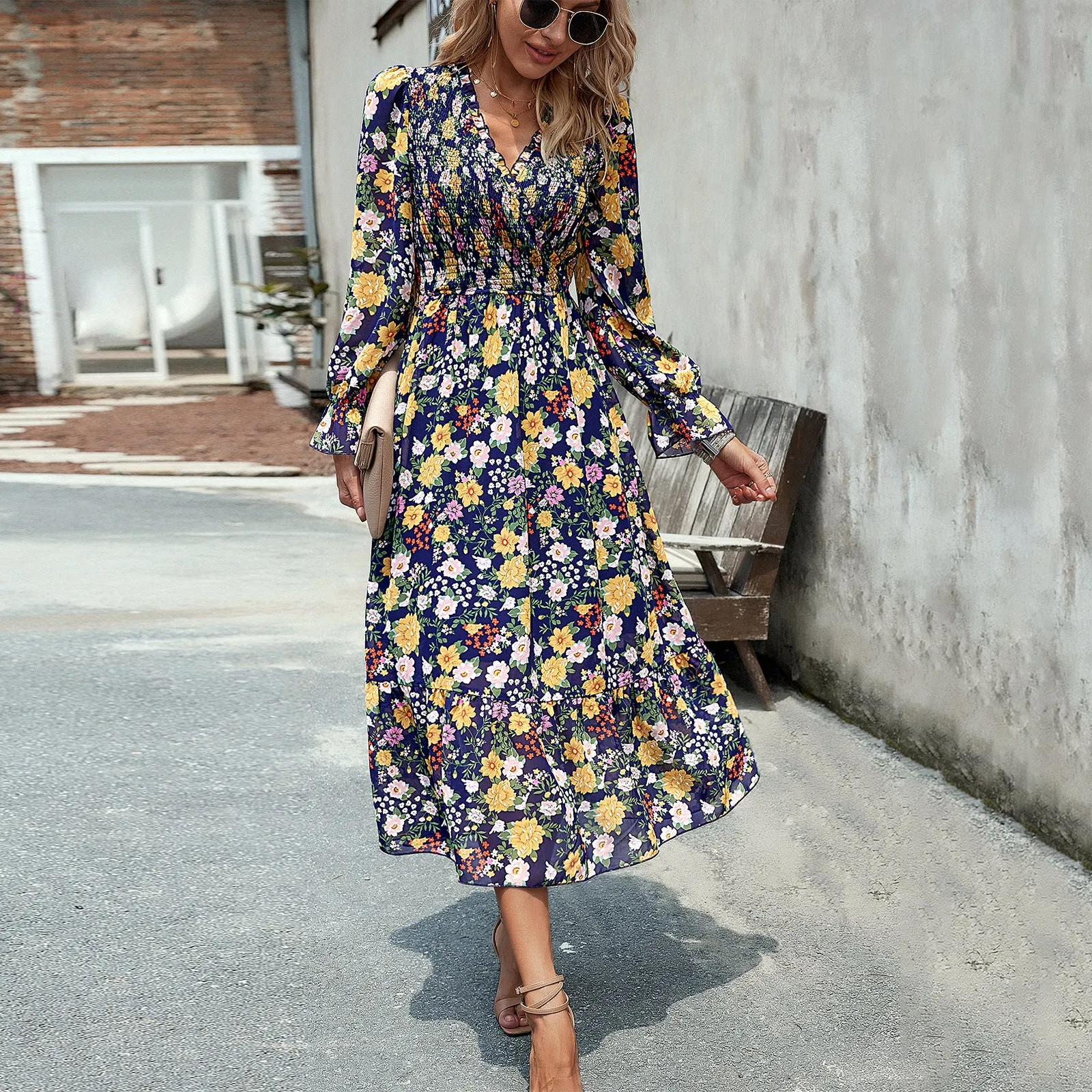 Women's Casual Elastic Waist V-neck Floral Print Dress