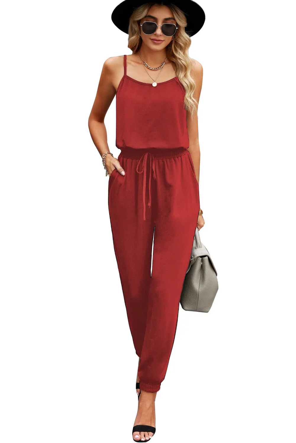 Women's Drawstring Waist Spaghetti Straps Jumpsuit