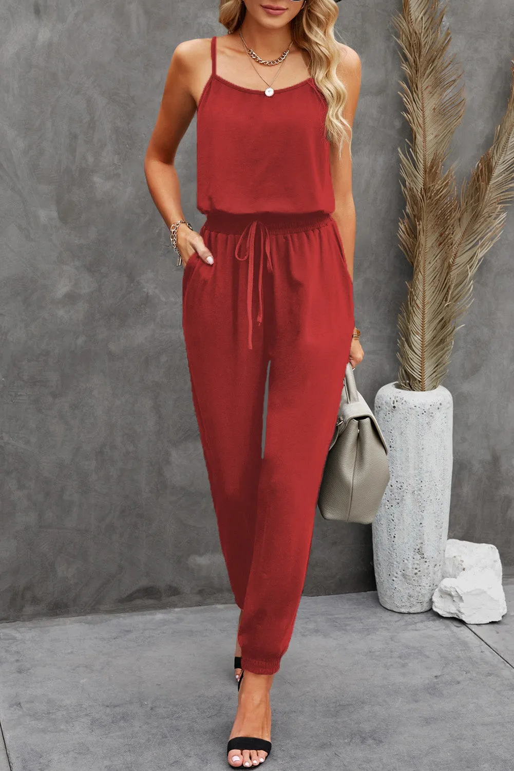 Women's Drawstring Waist Spaghetti Straps Jumpsuit