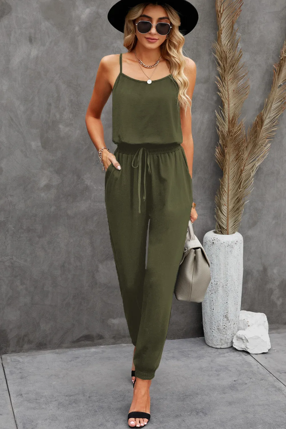 Women's Drawstring Waist Spaghetti Straps Jumpsuit