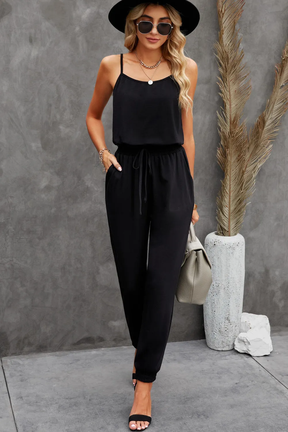 Women's Drawstring Waist Spaghetti Straps Jumpsuit